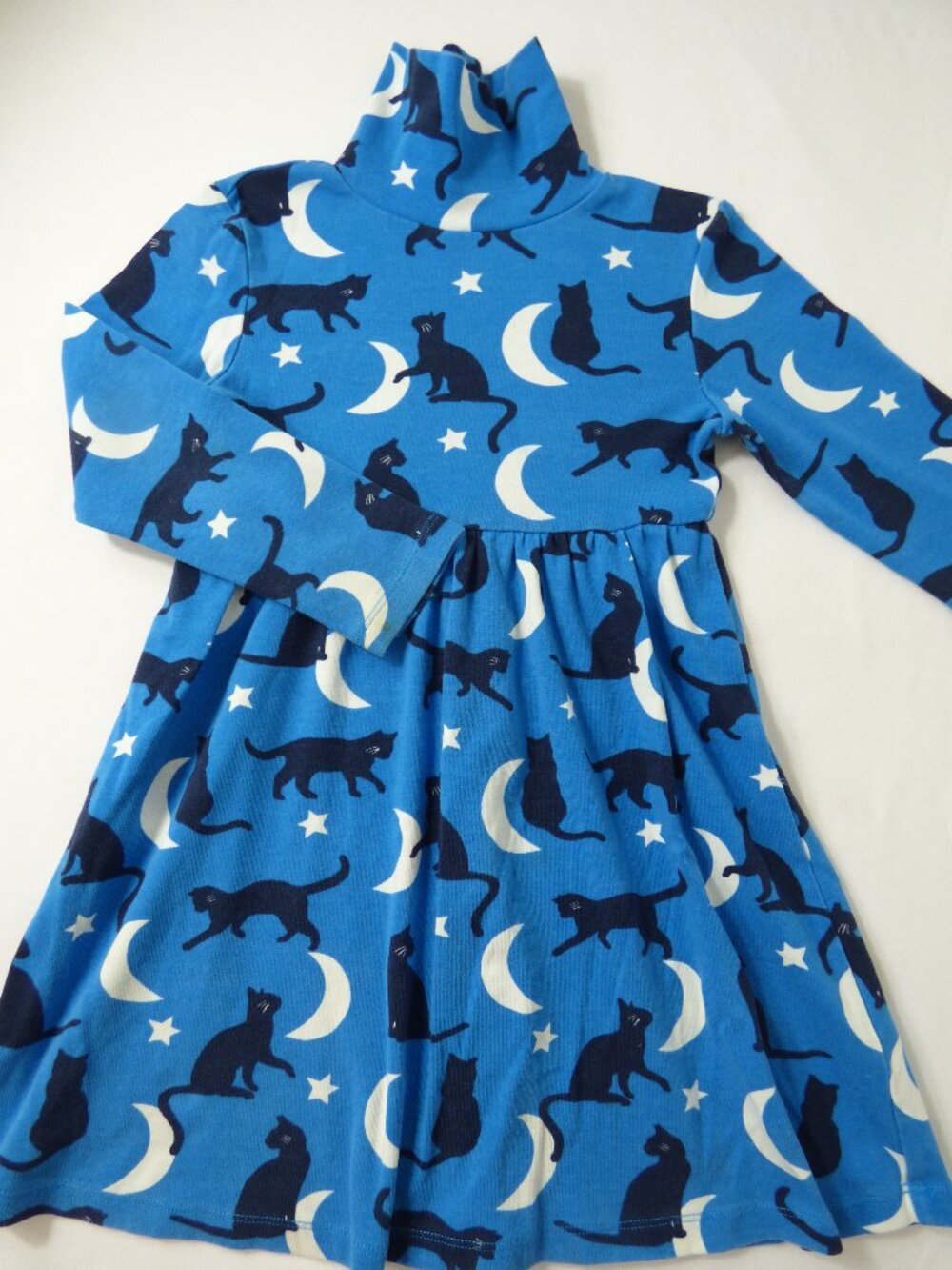 Mini Boden Blue Long Sleeve Dress With Cats and Moons Print, Size 4-5 Yrs